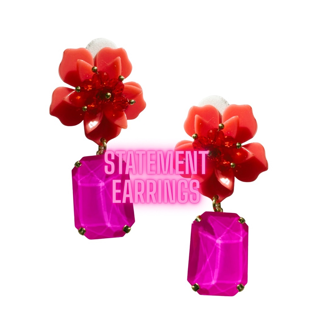 Bold Pink & Coral Floral Drop Earrings - Statement Women's Jewelry